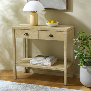 Apis Raffia Console Table With 2 Drawers & Open Shelf — Compact Bayur Wood Entryway Organizer