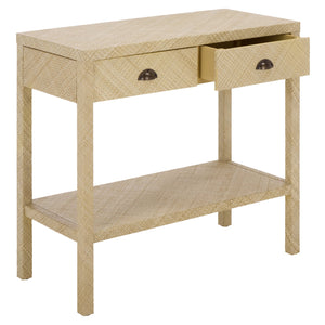 Apis Raffia Console Table With 2 Drawers & Open Shelf — Compact Bayur Wood Entryway Organizer