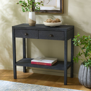 Apis Raffia Console Table With 2 Drawers & Open Shelf — Compact Bayur Wood Entryway Organizer