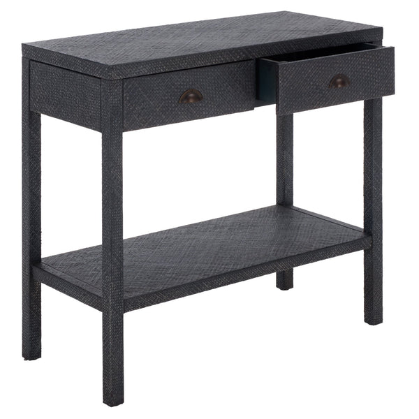 Apis Raffia Console Table With 2 Drawers & Open Shelf — Compact Bayur Wood Entryway Organizer