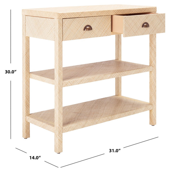 Safavieh Apis Raffia Console Table - Chic Storage Solution With Gold Pulls, Open Shelves & Natural Finish CNS6603A