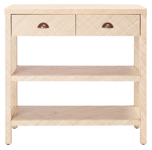 Safavieh Apis Raffia Console Table - Chic Storage Solution With Gold Pulls, Open Shelves & Natural Finish CNS6603A