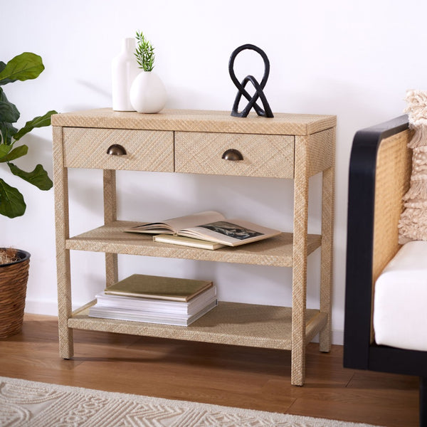 Safavieh Apis Raffia Console Table - Chic Storage Solution With Gold Pulls, Open Shelves & Natural Finish CNS6603A