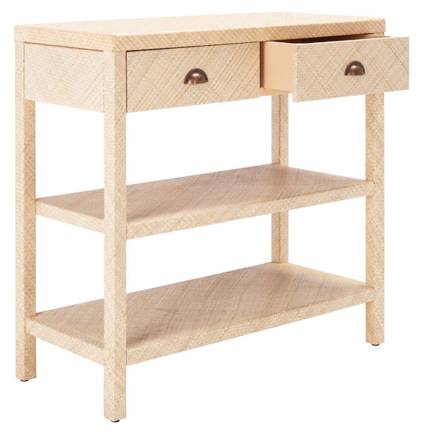 Safavieh Apis Raffia Console Table - Chic Storage Solution With Gold Pulls, Open Shelves & Natural Finish CNS6603A