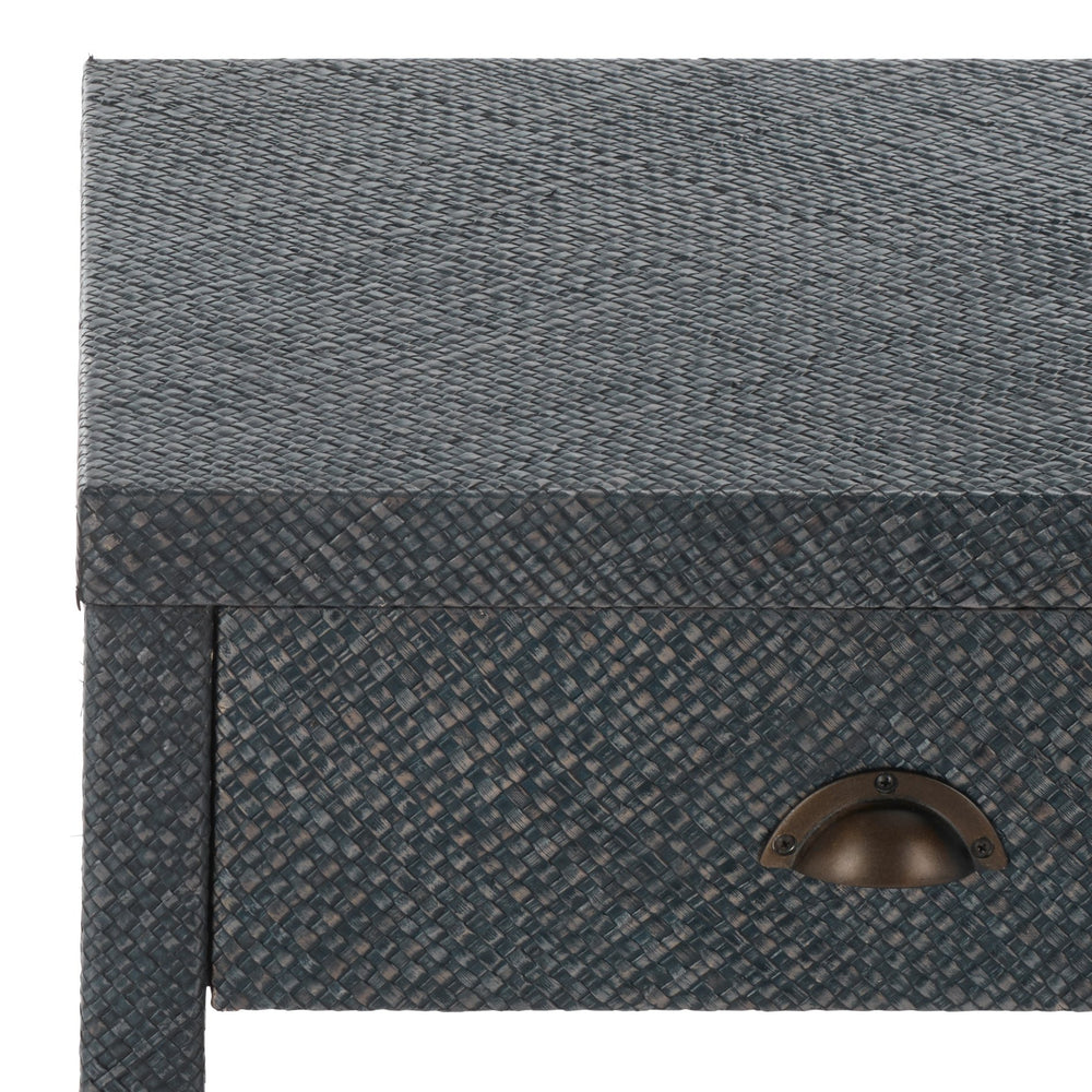 Safavieh Apis Raffia Console Table – Elegant Navy Blue Design In Durable Bayur Wood For Modern Decor Style Navy Blue ,Black Bayur Wood,Mdf & Mendong Leaf,Steel Knobs Cns6603b