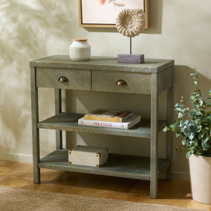 Apis Raffia Console Table With 2 Drawers & 2 Shelves, Bayur Wood Frame, Coastal Handcrafted Charm