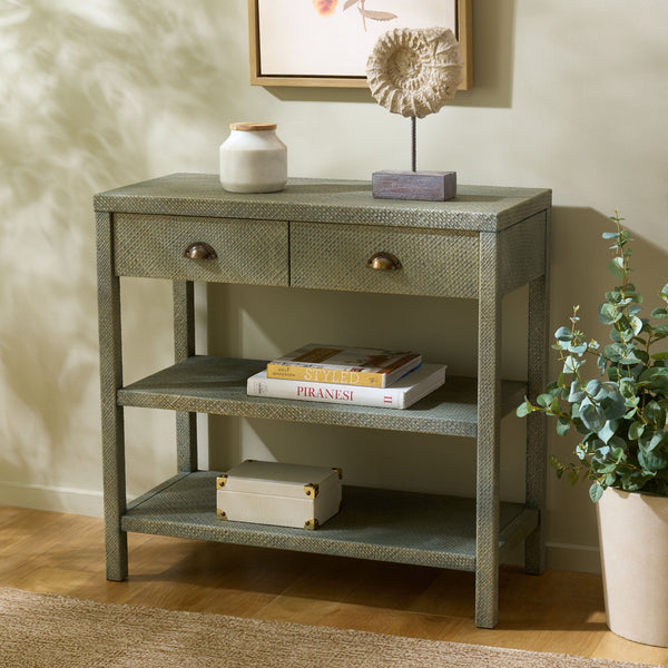 Apis Raffia Console Table With 2 Drawers & 2 Shelves, Bayur Wood Frame, Coastal Handcrafted Charm
