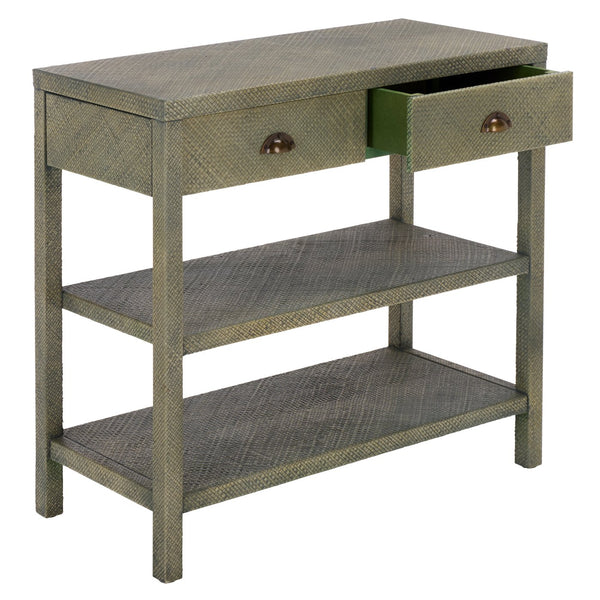 Apis Raffia Console Table With 2 Drawers & 2 Shelves, Bayur Wood Frame, Coastal Handcrafted Charm