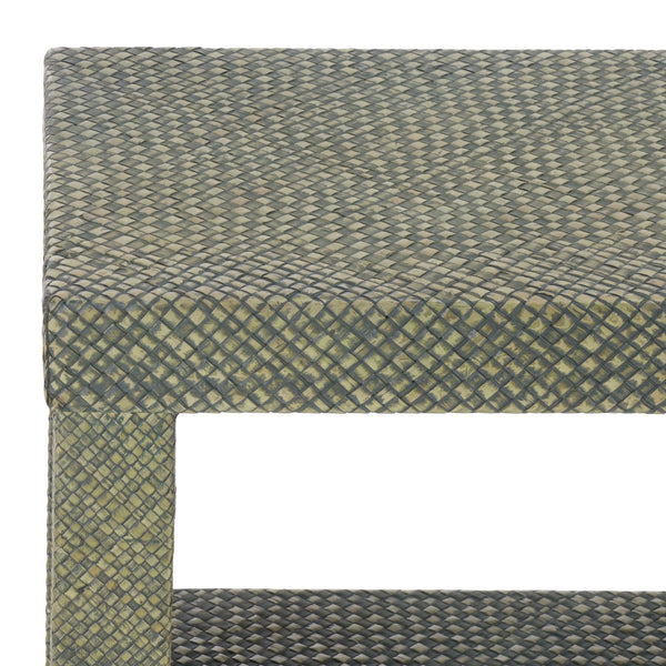 Apis Raffia Console Table With Raffia Detailing And Open Shelf — Coastal Textured Accent For Entryways