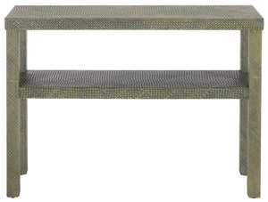 Apis Raffia Console Table With Raffia Detailing And Open Shelf — Coastal Textured Accent For Entryways