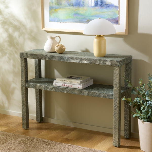 Apis Raffia Console Table With Raffia Detailing And Open Shelf — Coastal Textured Accent For Entryways