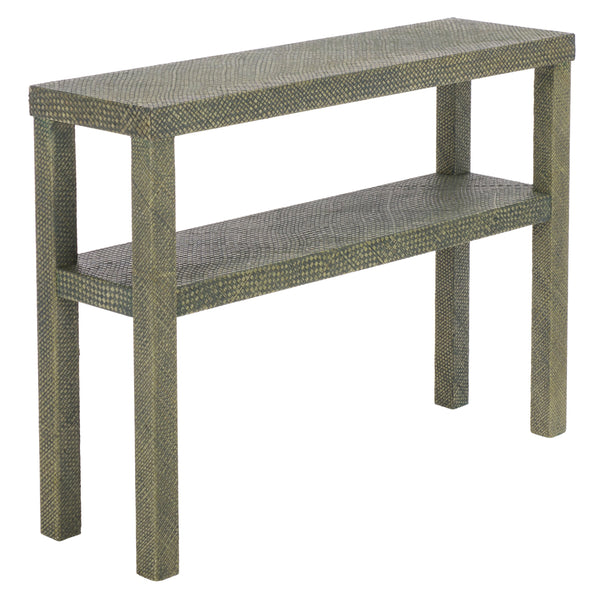 Apis Raffia Console Table With Raffia Detailing And Open Shelf — Coastal Textured Accent For Entryways
