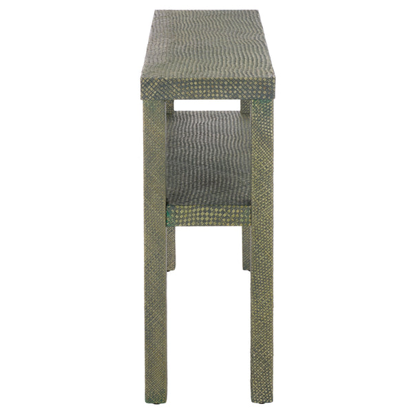 Apis Raffia Console Table With Raffia Detailing And Open Shelf — Coastal Textured Accent For Entryways