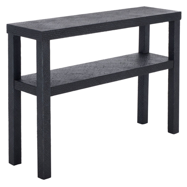 Apis Raffia Console Table With Raffia Detailing And Open Shelf — Coastal Textured Accent For Entryways