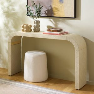 Apis Curved Raffia Console Table — Handwoven Pandan Accents, Bayur Wood Frame For Coastal Chic