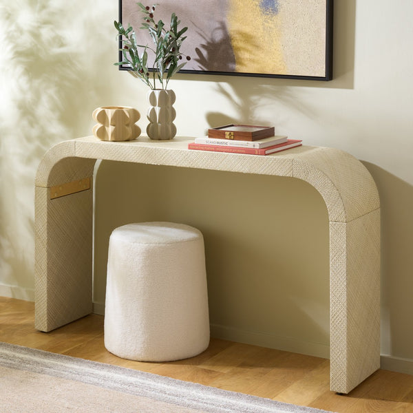 Apis Curved Raffia Console Table — Handwoven Pandan Accents, Bayur Wood Frame For Coastal Chic