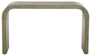 Apis Curved Raffia Console Table — Handwoven Pandan Accents, Bayur Wood Frame For Coastal Chic
