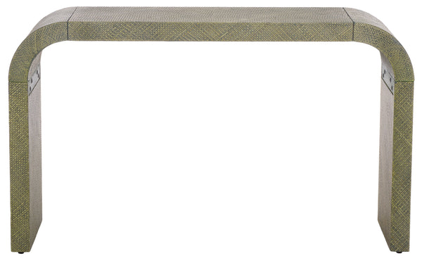 Apis Curved Raffia Console Table — Handwoven Pandan Accents, Bayur Wood Frame For Coastal Chic