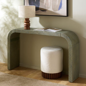 Apis Curved Raffia Console Table — Handwoven Pandan Accents, Bayur Wood Frame For Coastal Chic