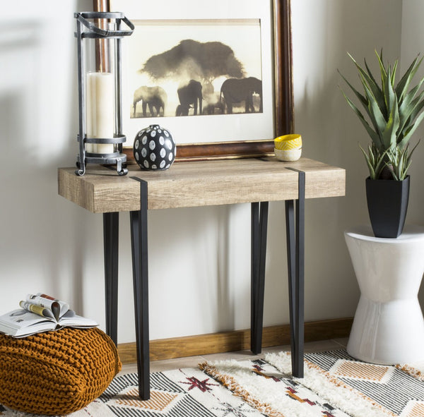 Safavieh Alyssa Rustic Midcentury Console Table With Multi-Brown Wood Top And Sleek Black Hairpin Legs CNS7000A