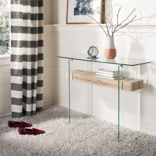 Safavieh Kayley Modern Rectangular Glass Console Table - Stylish Entryway Design With Natural Wood Shelf CNS7001A