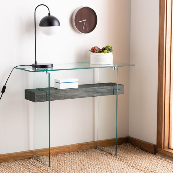Safavieh Kayley Console Table - Modern Geometric Design With Sleek Lines For Entryway Or Living Room Style Glass/Black Oak Shelf CNS7001B