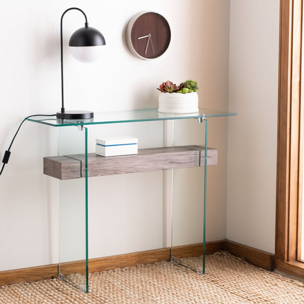 Safavieh Kayley Console Table - Modern Geometric Design With Sleek Lines For Entryway Or Living Room Style Glass/Grey Oak Shelf CNS7001C