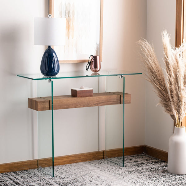 Safavieh Kayley Console Table - Modern Geometric Design With Sleek Lines For Entryway Or Living Room Style Glass/Natural Brown Shelf CNS7001D