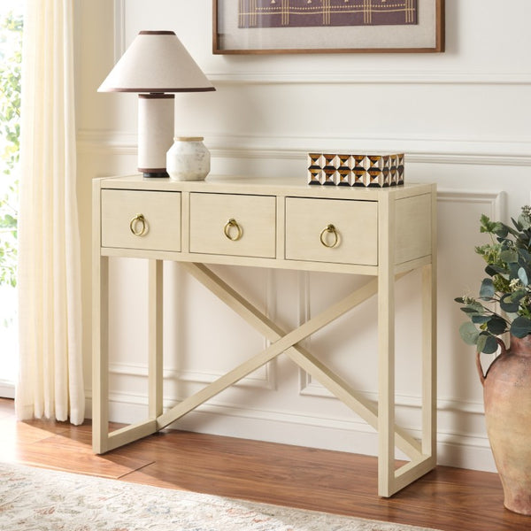Safavieh Sadie Three Drawer Console Table Slim Entryway Storage with Bold Painted Finish Antique White CNS9201B