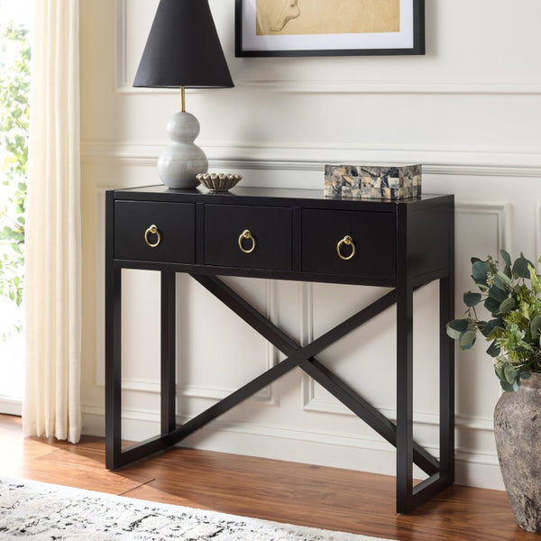 Safavieh Sadie Three Drawer Console Table Slim Entryway Storage with Bold Painted Finish Black CNS9201C