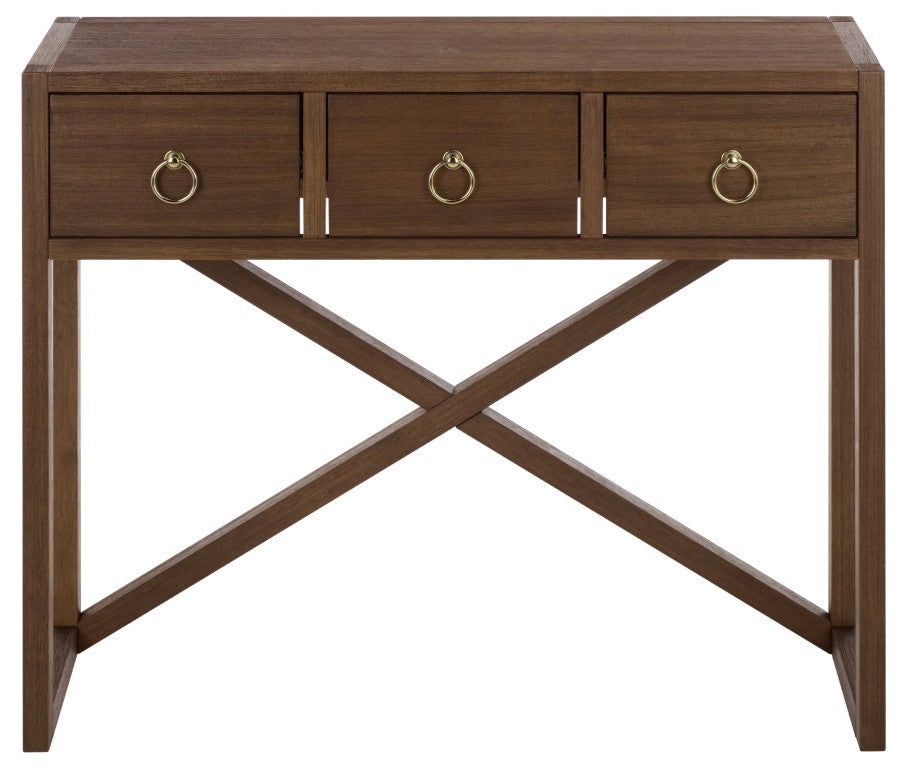 Safavieh Sadie Three Drawer Console Table Slim Entryway Storage with Bold Painted Finish Chocolate CNS9201D
