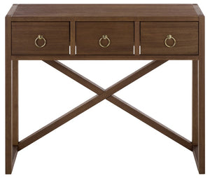 Safavieh Sadie Three Drawer Console Table Slim Entryway Storage with Bold Painted Finish Chocolate CNS9201D