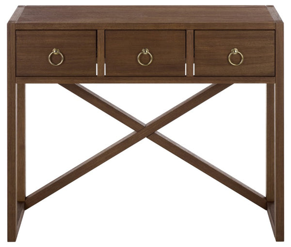 Safavieh Sadie Three Drawer Console Table Slim Entryway Storage with Bold Painted Finish Chocolate CNS9201D