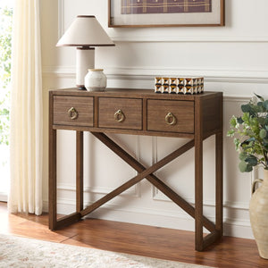 Safavieh Sadie Three Drawer Console Table Slim Entryway Storage with Bold Painted Finish Chocolate CNS9201D