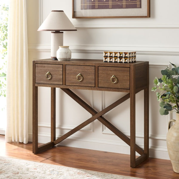 Safavieh Sadie Three Drawer Console Table Slim Entryway Storage with Bold Painted Finish Chocolate CNS9201D