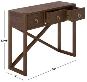Safavieh Sadie Three Drawer Console Table Slim Entryway Storage with Bold Painted Finish Chocolate CNS9201D