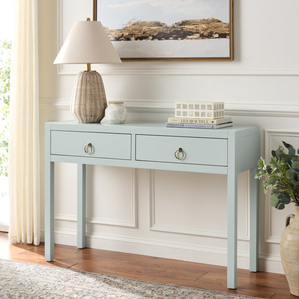 Safavieh Moya Two Drawer Console Table Powder Blue Finish for Entryway Hallway or Sofa Light Blue CNS9202A
