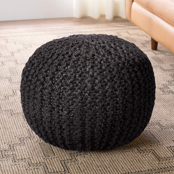 Jaipur Living Vibe by Jaipur Living Azene Handwoven Jute Cylinder Pouf for Boho or Coastal Rooms Black ACF100006