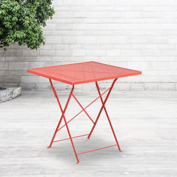 English Elm Oia Commercial Grade Folding Steel Patio Table for Indoor & Outdoor Dining - Elegant & Durable Design Coral 28" Square CO-1-RED-GG