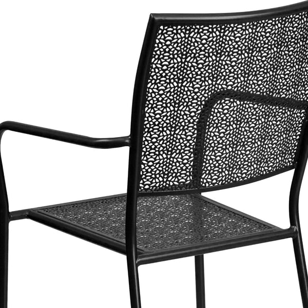 English Elm Oia Commercial-Grade Steel Patio Arm Chair with Decorative Rain Flower Pattern for Indoor & Outdoor Use Black CO-2-BK-GG
