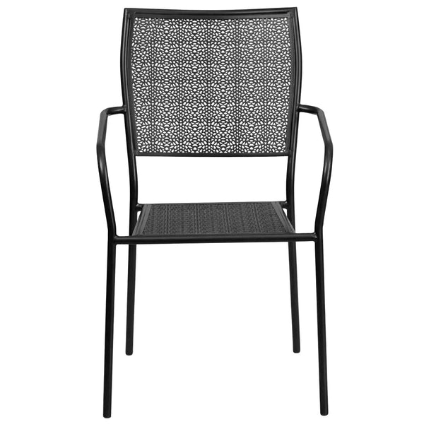English Elm Oia Commercial-Grade Steel Patio Arm Chair with Decorative Rain Flower Pattern for Indoor & Outdoor Use Black CO-2-BK-GG