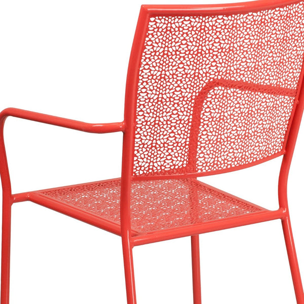 English Elm Oia Commercial-Grade Steel Patio Arm Chair with Decorative Rain Flower Pattern for Indoor & Outdoor Use Coral CO-2-RED-GG