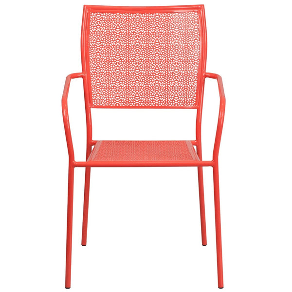 English Elm Oia Commercial-Grade Steel Patio Arm Chair with Decorative Rain Flower Pattern for Indoor & Outdoor Use Coral CO-2-RED-GG