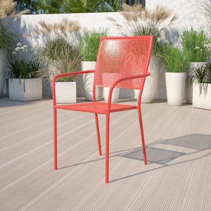 English Elm Oia Commercial-Grade Steel Patio Arm Chair with Decorative Rain Flower Pattern for Indoor & Outdoor Use Coral CO-2-RED-GG