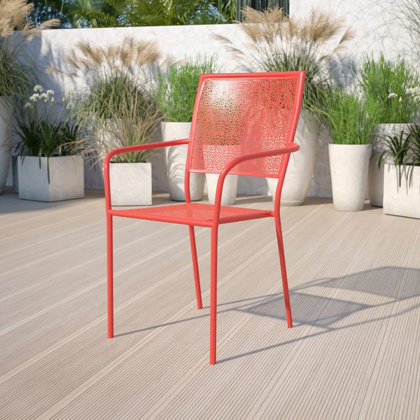English Elm Oia Commercial-Grade Steel Patio Arm Chair with Decorative Rain Flower Pattern for Indoor & Outdoor Use Coral CO-2-RED-GG