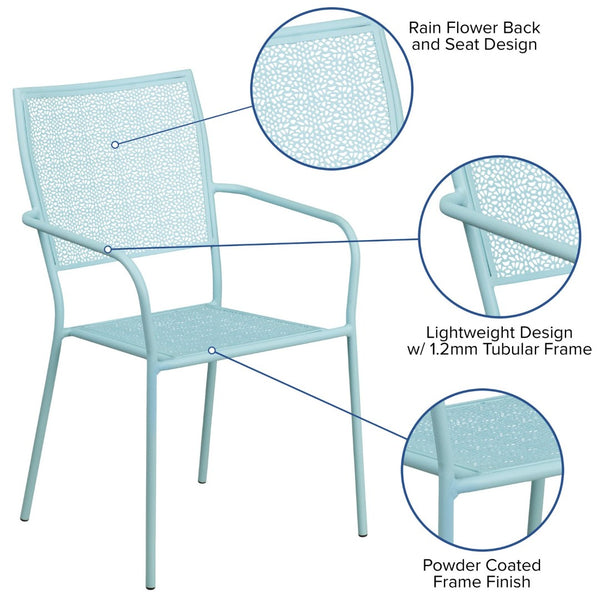 English Elm Oia Commercial-Grade Steel Patio Arm Chair with Decorative Rain Flower Pattern for Indoor & Outdoor Use Sky Blue CO-2-SKY-GG