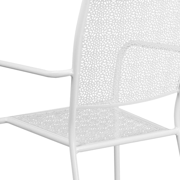English Elm Oia Commercial-Grade Steel Patio Arm Chair with Decorative Rain Flower Pattern for Indoor & Outdoor Use White CO-2-WH-GG