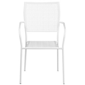 English Elm Oia Commercial-Grade Steel Patio Arm Chair with Decorative Rain Flower Pattern for Indoor & Outdoor Use White CO-2-WH-GG