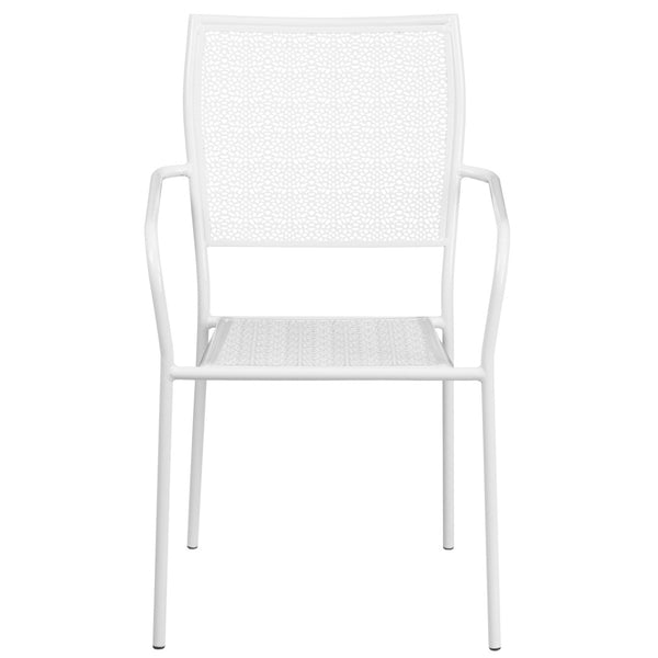 English Elm Oia Commercial-Grade Steel Patio Arm Chair with Decorative Rain Flower Pattern for Indoor & Outdoor Use White CO-2-WH-GG