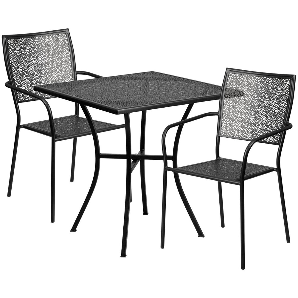 English Elm Oia Commercial Grade Steel Patio Table Set with Two Stylish Square-Back Chairs for Indoor or Outdoor Use Black 28" Square CO-28SQ-02CHR2-BK-GG